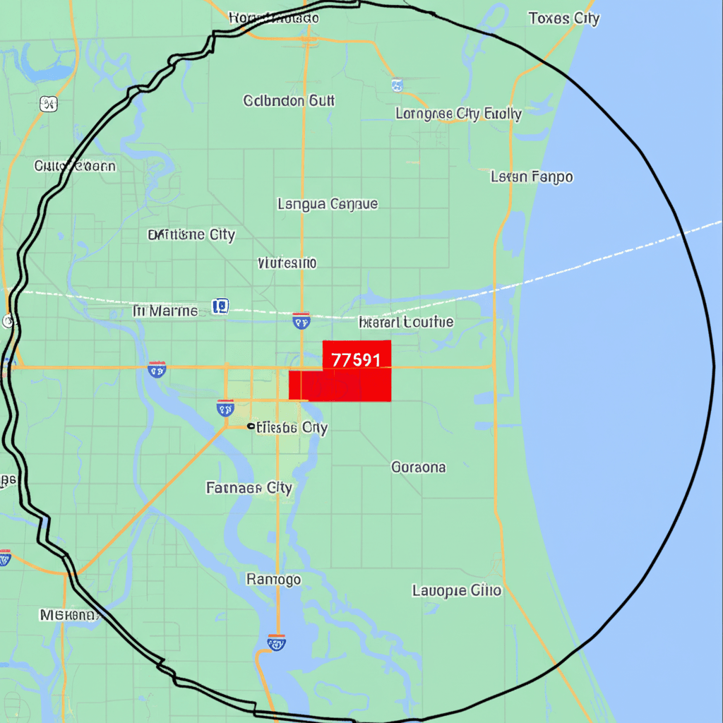 Service area map showing 20-mile radius from ZIP 77591