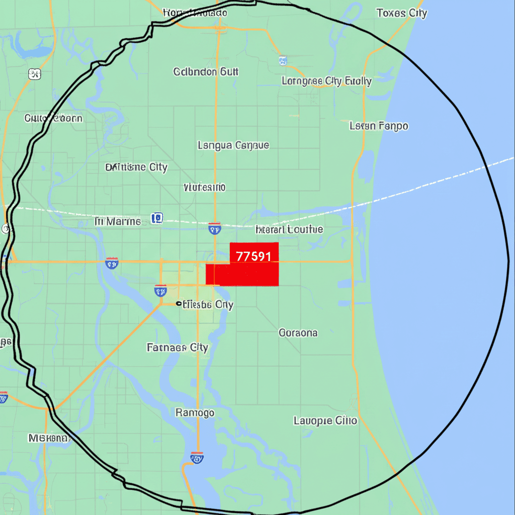 Service area map showing 20-mile radius from ZIP 77591
